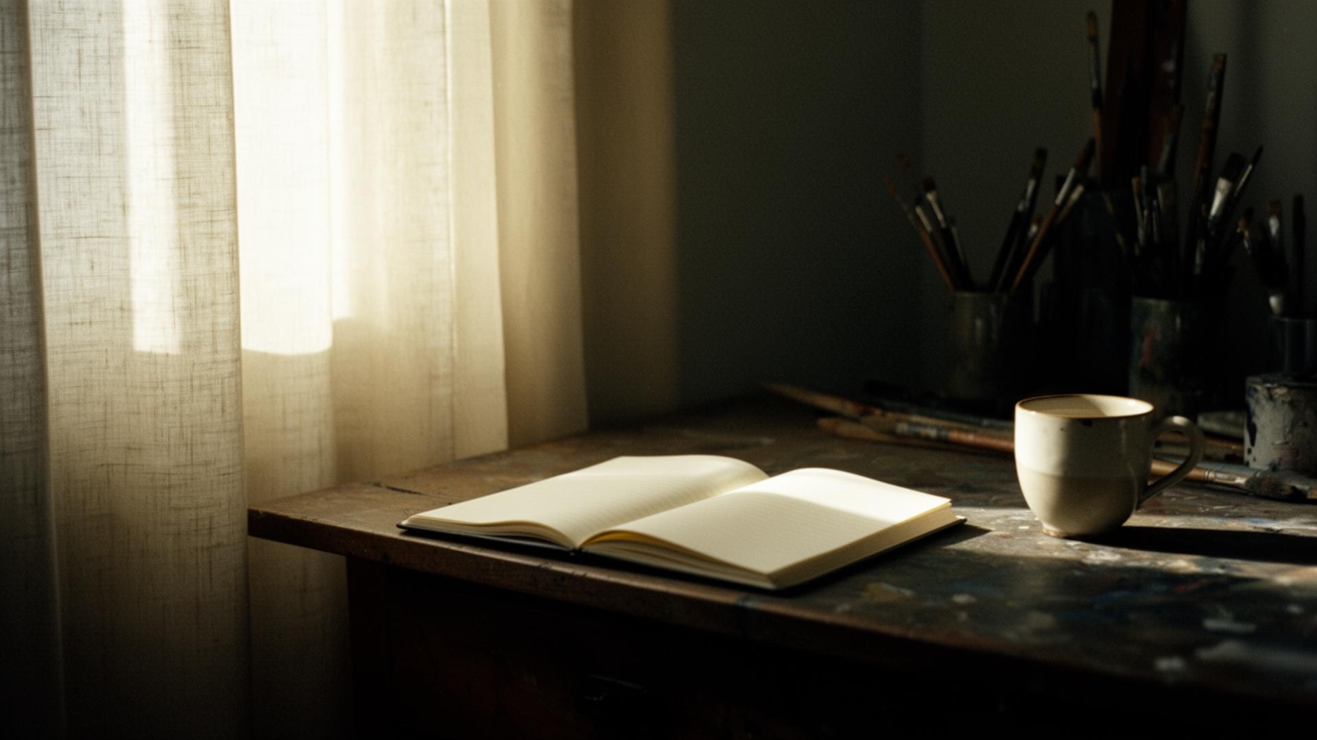 A quiet artist's studio in warm window light