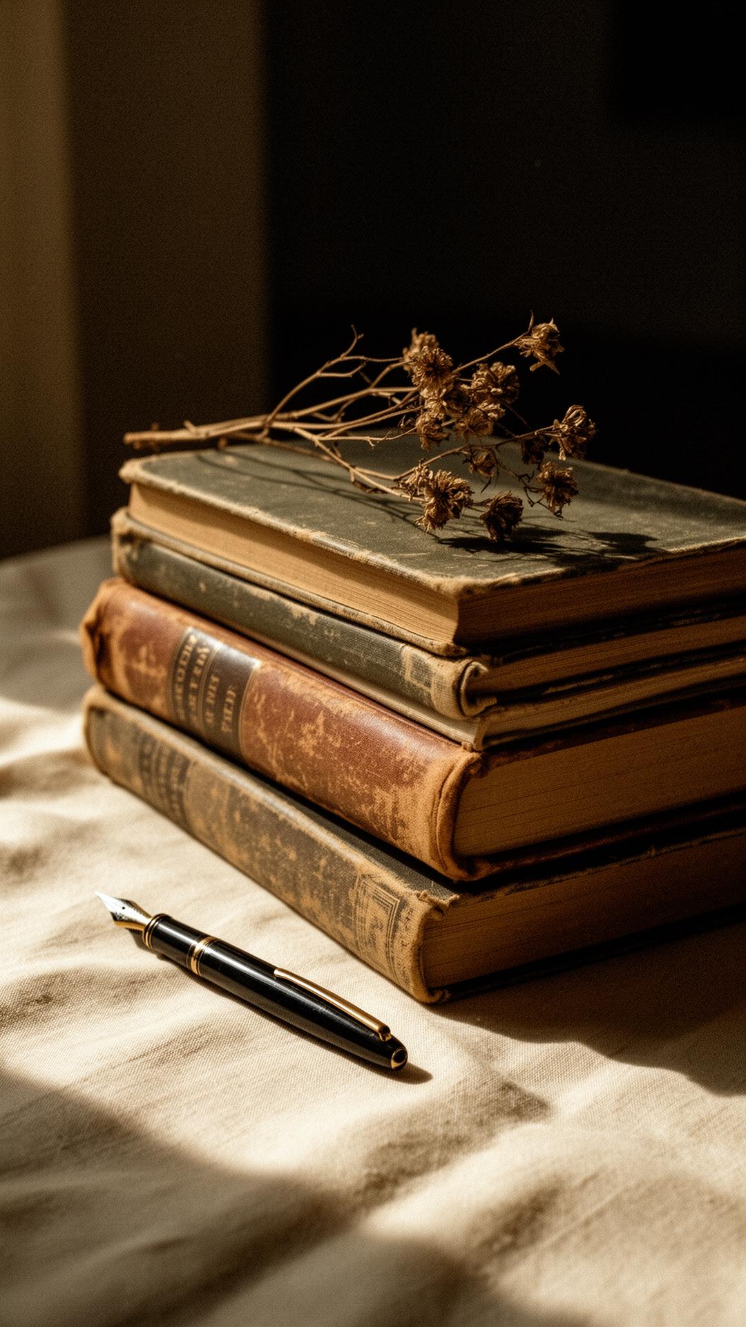 A stack of well-worn books with a fountain pen and dried botanicals
